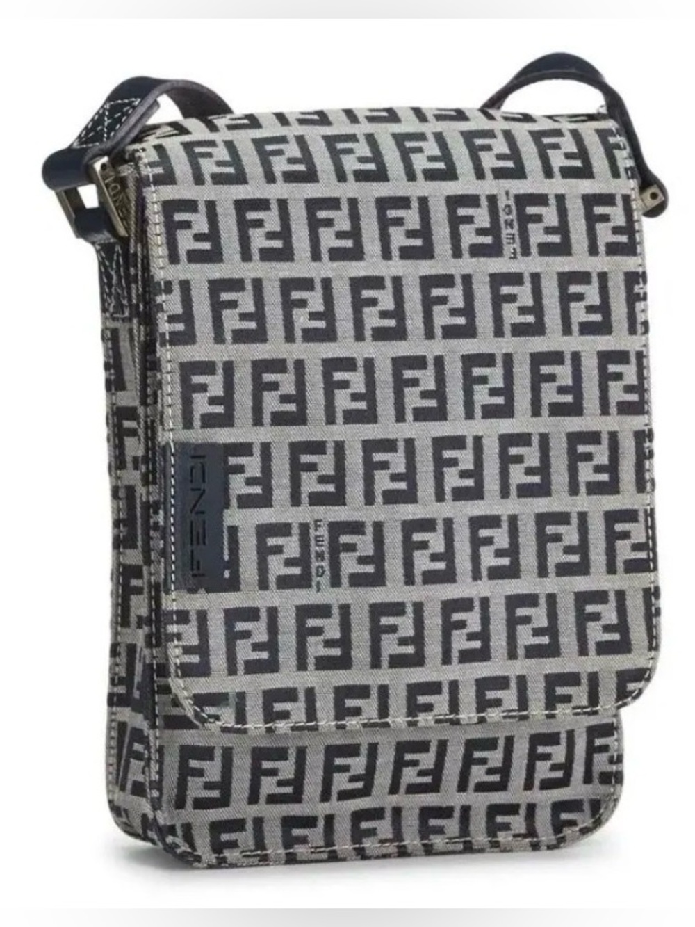 Fendi Shoulder Bag Zucca FF Monogram Canvas Leather Blue Vintage w COA